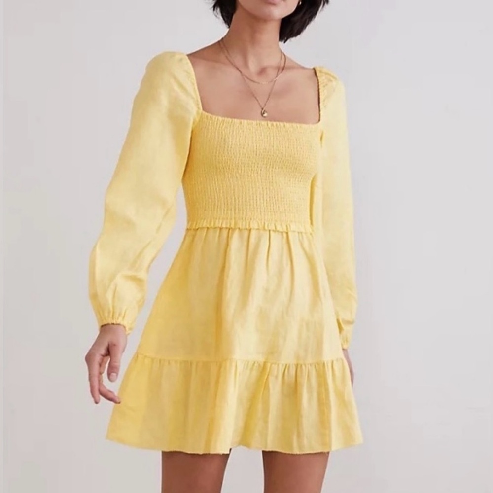 Aritzia Wilfred Tempest Linen Yellow Mini Dress Puff Sleeve XS Extra Small
